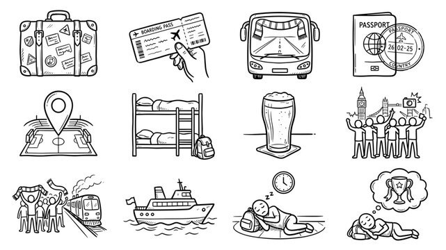 Travel and Tourism Adventure Suitcase Passport Bus Map Beer Bunk Bed Ship Crowd Hand Drawn Doodle Sketch Icon Set