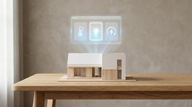 A small wooden model house with a white roof sits on a table with a projected smart home interface.