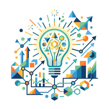 Illuminating concept of innovation and growth with a glowing lightbulb surrounded by geometric shapes and charts symbolizing progress and ideas
