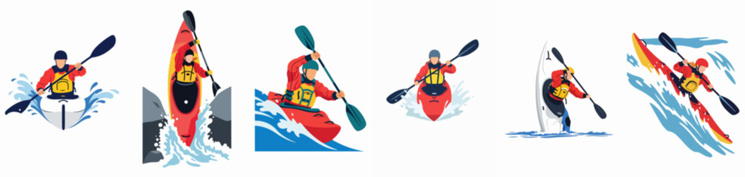 Set of diverse vector illustrations showing athletes kayaking in rough whitewater with paddles and splashing water waves isolated on a white background.