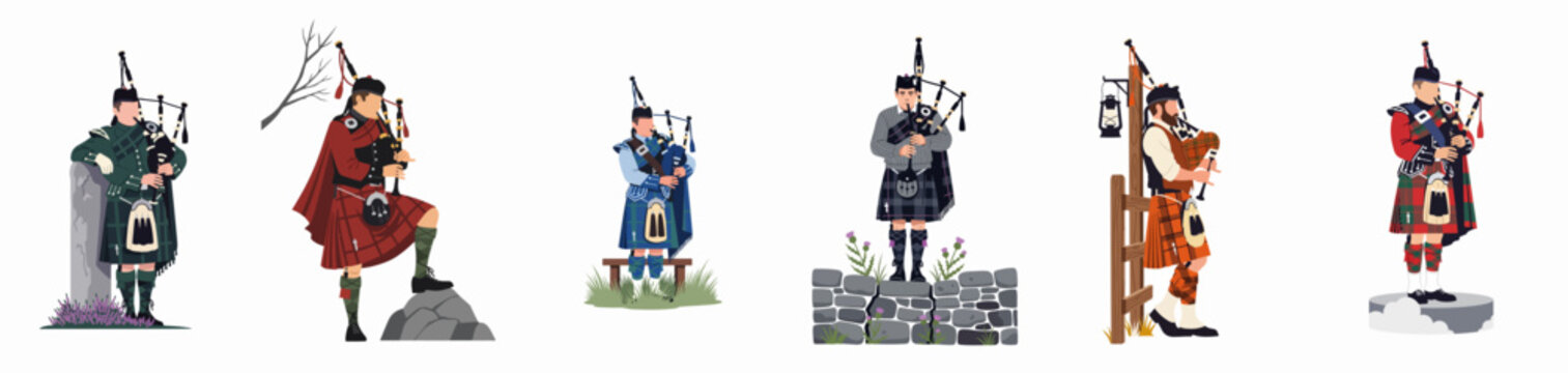 Collection of Six Scottish Bagpipers in Traditional Highland Dress and Various Poses, Isolated on White Background.