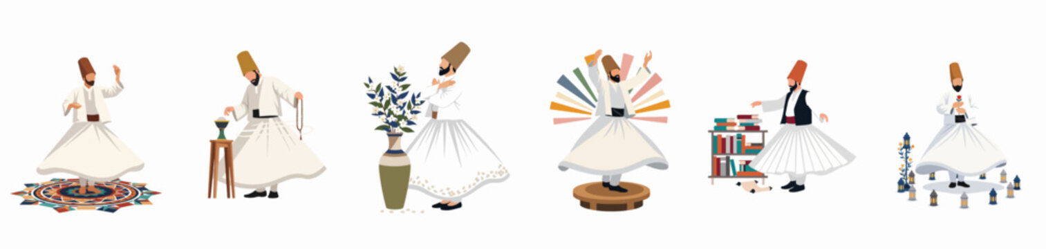 Collection of Sufi Whirling Dervish illustrations depicting various cultural and spiritual scenes, including dancing, praying, and reading, on a plain white background.