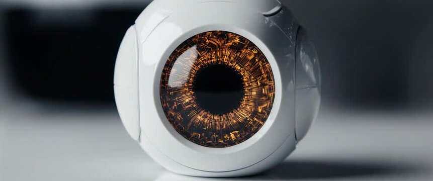 White Ceramic Robotic Sensor with Amber Glowing Mechanical Iris