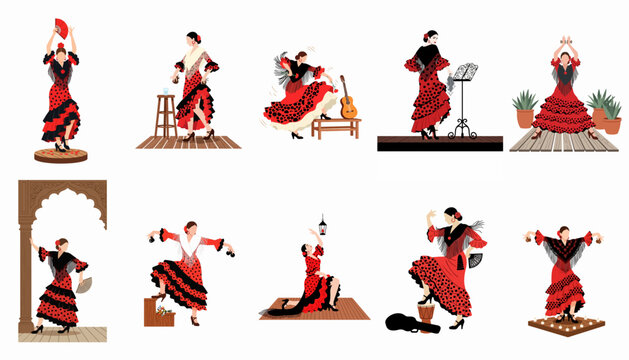 Diverse illustrations of traditional Spanish flamenco dancers in expressive poses wearing vibrant red and black polka-dot dresses.