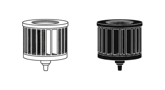 Minimal black silhouette icon, simple flat vector, bold black shape, no, no shading line art and solid silhouette of a cylindrical industrial filter component on a, flat icon style