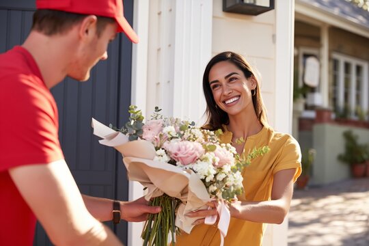 Smiling woman receives a beautiful bouquet of flowers from a delivery person