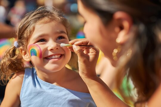 Young girl receiving face paint rainbow design during outdoor event