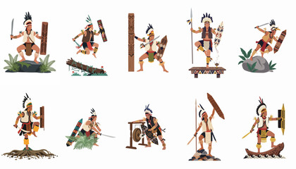 Vector illustration set of traditional Dayak indigenous warriors in various dynamic poses with weapons, shields, and ethnic ornaments on white background. © Lhymo