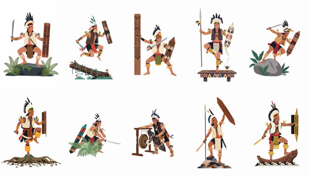 Vector illustration set of traditional Dayak indigenous warriors in various dynamic poses with weapons, shields, and ethnic ornaments on white background.