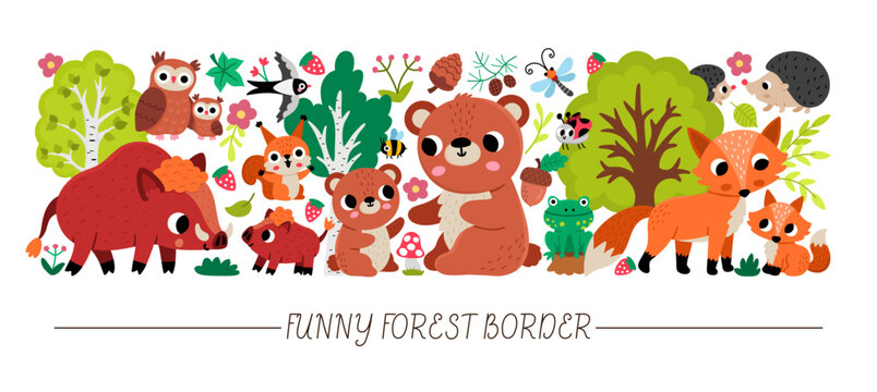 Forest animals mother and baby horizontal set for kids. Vector woodland birds, trees, plants collection with boar, bear, fox, owl. Cartoon woods card template. Cute characters clipart, illustration