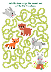 Fototapeta premium Forest animals maze for children with rabbit escaping animals, searching way to tree stump. Simple labyrinth game. Woodland printable activity, worksheet with fox, bear, wolf, hare