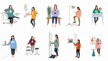 Fototapeta premium Flat vector illustrations of young women visiting an orthodontic clinic for dental checkups, wearing braces, and practicing oral hygiene.