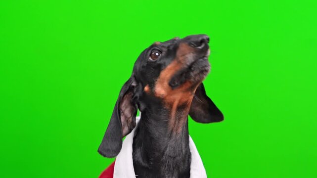 A funny black dachshund dog is cheerfully chewing something, constantly licking its lips and showing its tongue on a green chroma key - the concept of a hungry pet or a puppy teasing