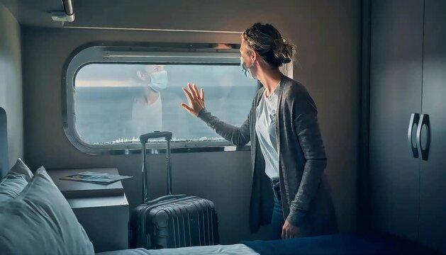 Woman with face mask in quarantine on a cruise ship looking out the window