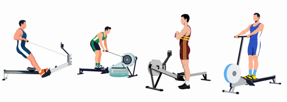 Vector illustration set of men exercising on various indoor rowing and fitness machines for strength and cardio training.