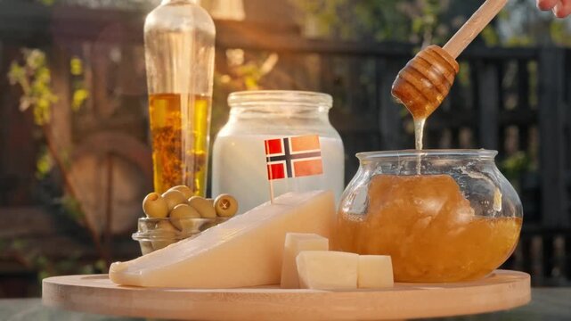 Norwegian honey pours from honey dipper near local cheese and dairy items in a sunlit countryside food composition that feels handcrafted and authentic.