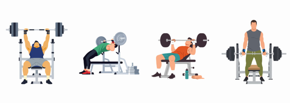 Set of flat vector illustrations of a man performing various barbell bench press exercises for gym, fitness, and bodybuilding strength training.