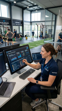 Dietitian monitors data on a screen in a sports performance center