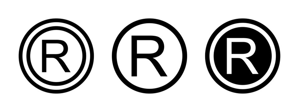 Set of R letters in round frames. Register mark icons isolated on white background. Commercial rights symbols. Brand registration marks for imitation protection. Vector graphic illustration.
