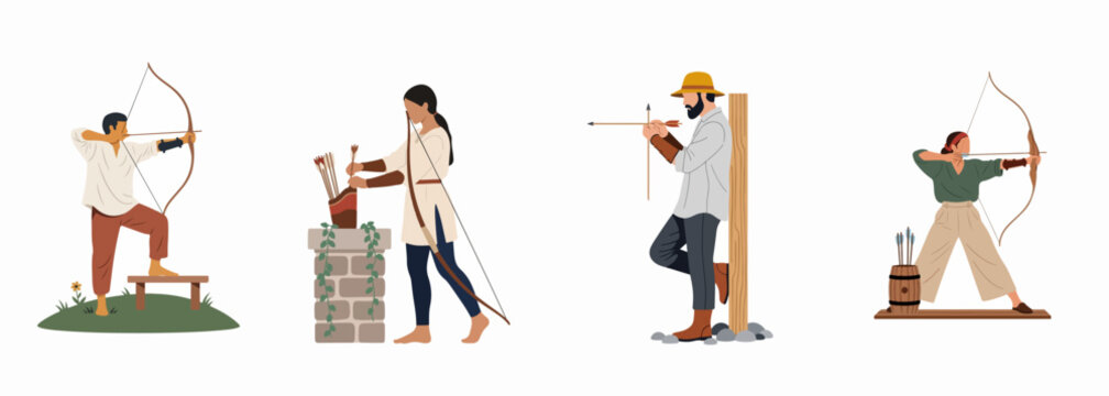 Set of archer characters practicing with bows and arrows in diverse poses, featuring flat vector illustration style for creative projects.