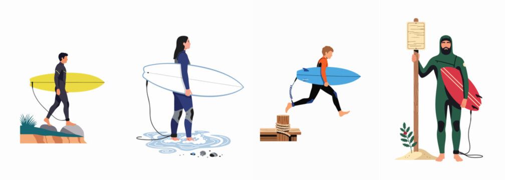Flat vector illustration set of diverse surfers in wetsuits with surfboards in various coastal settings, including men, women, and a child.