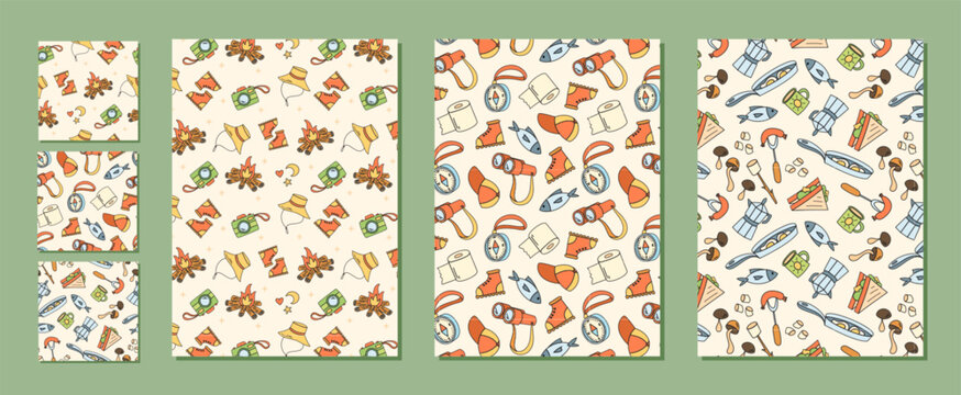 Seamless pattern set with hand drawn camp equipment, backpack and tent in colorful style. Adventure and hiking bundle, outdoor map compass doodle for nature themed collection.