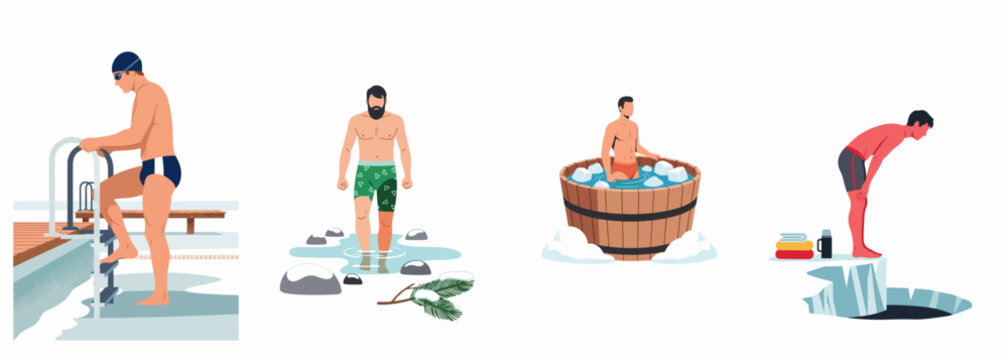 Vector illustration of men participating in various cold water immersion activities like ice baths, winter swimming, and polar plunges for health and recovery.