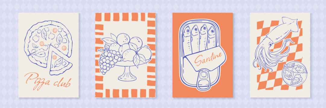 French picnic food sketch collection with pizza, fruit and seafood on white and orange banner template. Hand drawn sketch icon style illustration for picnic french restaurant print or menu design.