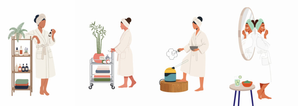 Flat vector illustrations of women in bathrobes engaging in diverse skincare routines and self-care practices in a clean, minimalist home or spa setting.