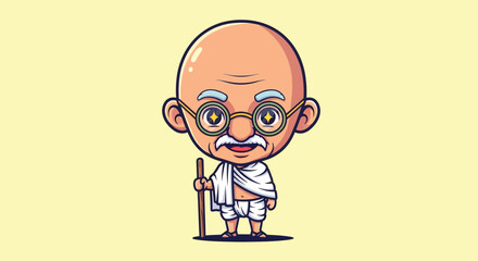 Fototapeta premium Cute Cartoon Mahatma Gandhi Illustration with Staff.