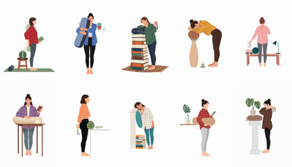 Fototapeta premium Collection of flat illustrations depicting young women practicing mindfulness, relaxation, self-care, and study at home with various wellness props.