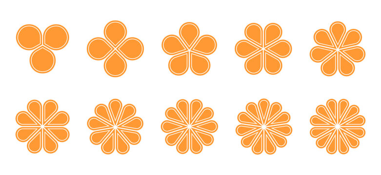 Simple orange flower shapes with petals from 3 to 12. Geometric floral silhouettes isolated on white background. Vector flat illustration.