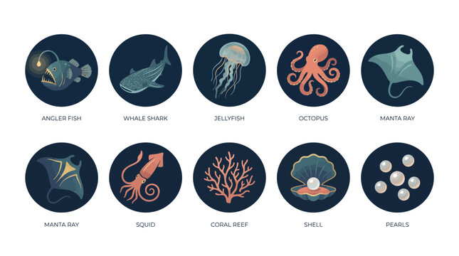 Dark theme marine life and celestial icons