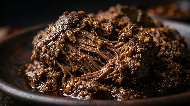 Macro daging rendang texture with rich Indonesian spices and realistic beef fibers for culinary branding and gourmet editorials.