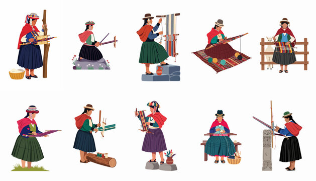 Set of illustrations depicting traditional Andean women from Peru and Bolivia engaged in the ancient art of weaving and spinning wool with handlooms.