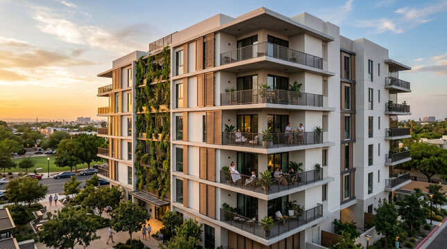 Sunset glows behind modern mid-rise apartment building