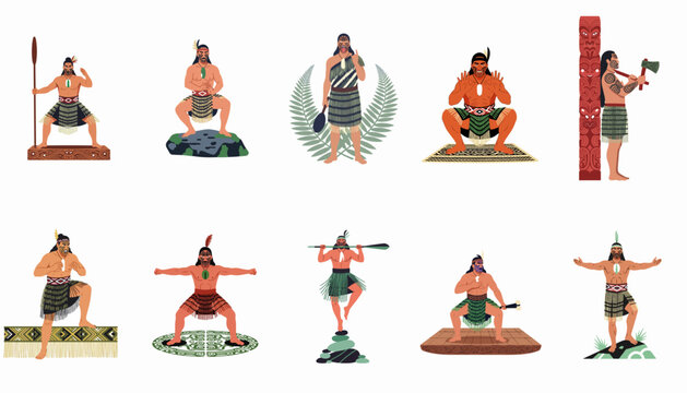 Collection of Maori Warrior Illustrations in Traditional Dress and Poses, Featuring Haka Dance, Weapons, and Cultural Symbols of New Zealand's Indigenous People.