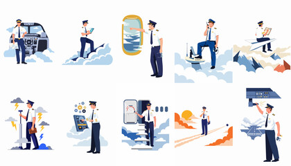 A set of ten conceptual vector illustrations featuring an airline pilot in various flight-related scenarios, including cockpits, clouds, and navigation themes. © Lhymo