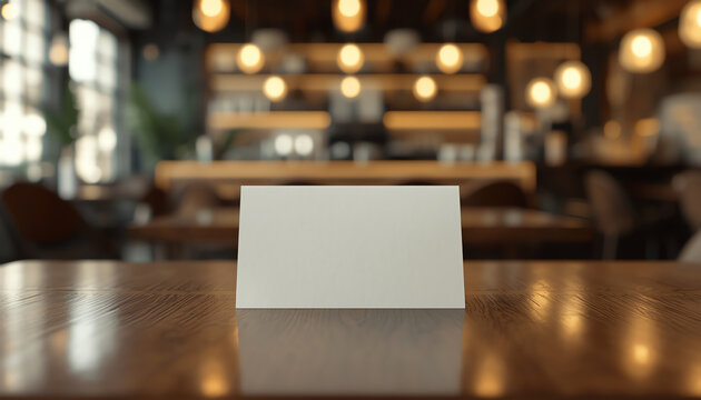 Table tent, reserved card sign empty blank on a wooden table, 3d illustration