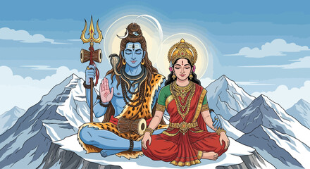 Obraz premium Lord Shiva and Goddess Parvati seated together in a divine pose.