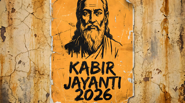 Kabir Jayanti 2026 vintage distressed poster with portrait of bearded sage on orange wall