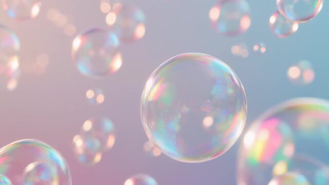 Iridescent Soap Bubbles Floating Slowly in Pastel Gradient Space, Cinematic Full HD Motion Background Loop for Beauty and Wellness