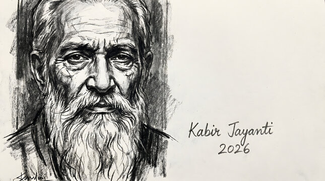 Kabir Jayanti 2026 charcoal sketch portrait of elderly bearded sage on white background