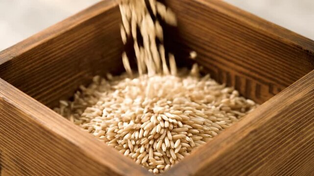 Organic Brown Rice Grains Pouring into Rustic Wooden Box