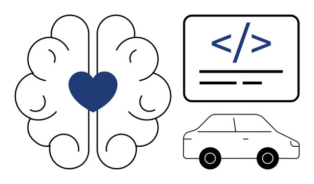 Artificial intelligence, automation, coding, innovation, automotive technology, machine learning. Brain with heart symbol, code snippet and car icon. Artificial intelligence and automation concepts