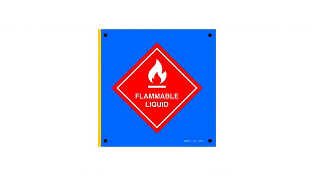 Bright flammable liquid hazard sign animated vector featuring fire symbol and warning label. Ideal for chemical safety, industrial sites, hazardous materials labeling, and workplace safety compliance.