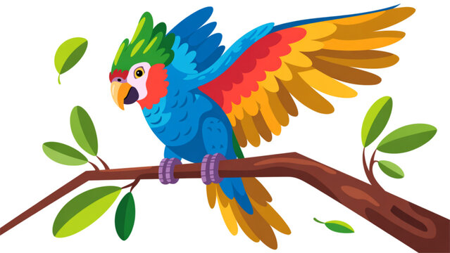 Bright colorful parrot bird sitting on green leafy branch with tropical plants background Vector