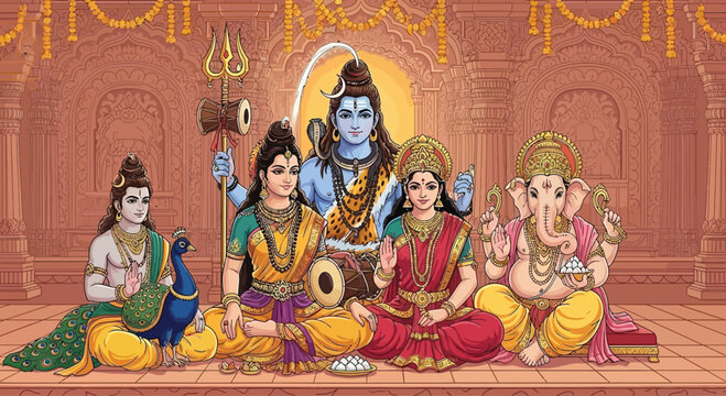 Lord Shivas divine family portrait with Parvati Ganesha Kartikeya and Ashokasundari.