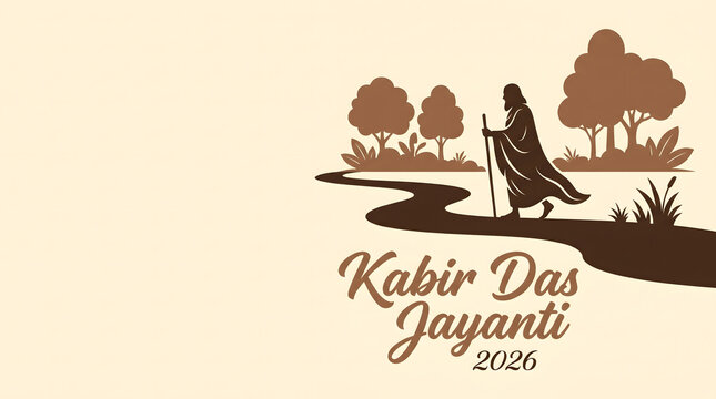 Kabir Das Jayanti 2026 saint figure with staff walking along winding path with trees