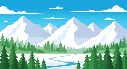 Fototapeta premium Majestic snowcapped mountains rise above a serene winter forest landscape.